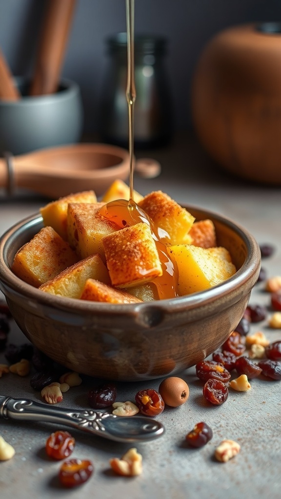 A bowl of golden brown vegan bread pudding topped with cinnamon and maple syrup, surrounded by raisins and nuts.